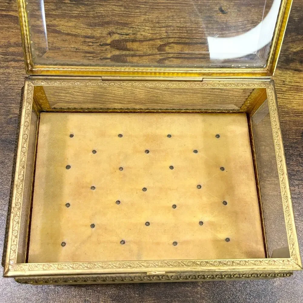 Vintage French Jewelry Box Footed Casket Ormulu Filigree Beveled Glass Regency
